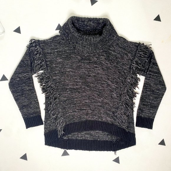 RD Style Fringe Marled Knit Charcoal Cowl Turtleneck High / Low Sweater - Picture 1 of 7